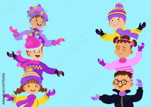 Group of cute children dressed in warm costumes. Vector illustration.