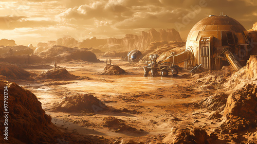 Terraforming machines transforming barren martian landscape for habitable environment. Terraforming. Illustration photo