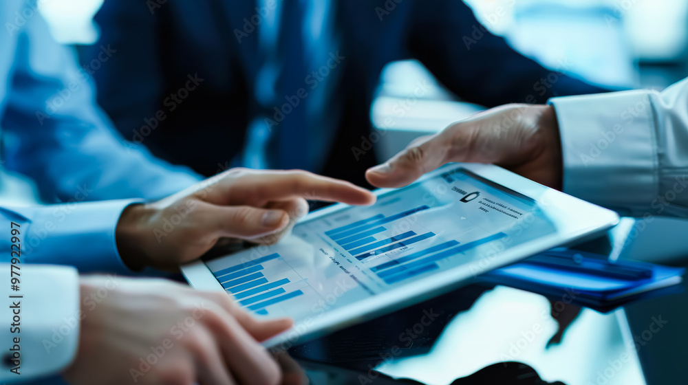 A group of people are looking at a tablet with graphs on it. One of the people is pointing at the screen A group of people are looking at a tablet with graphs on it. One of the people is pointing at the screen