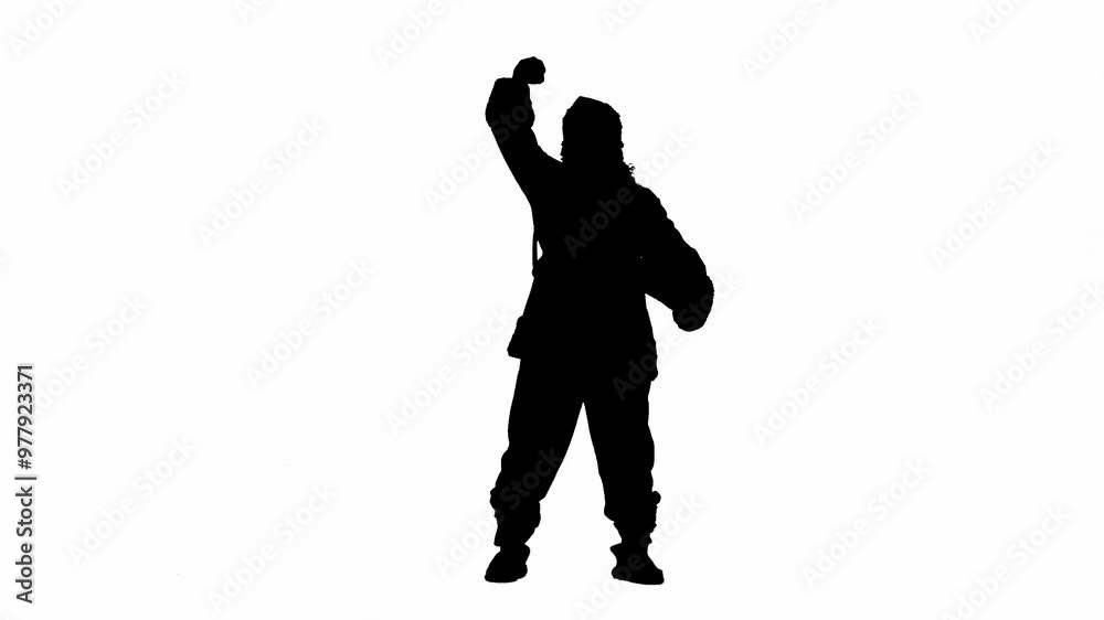 Christmas and New Year holidays concept. Black silhouette of a man in Santa Claus costume on white isolated background. Santa Claus is shouting something and waving his raised hand like a fan. Christmas and New Year holidays concept. Black silhouette of a man in Santa Claus costume on white isolated background. Santa Claus is shouting something and waving his raised hand like a fan.