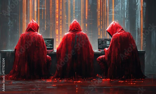 Three hooded figures using computers in a futuristic city
