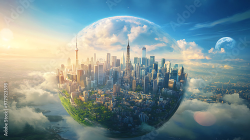 A stunning aerial view of a futuristic city encapsulated within a glass dome, surrounded by clouds and celestial bodies.