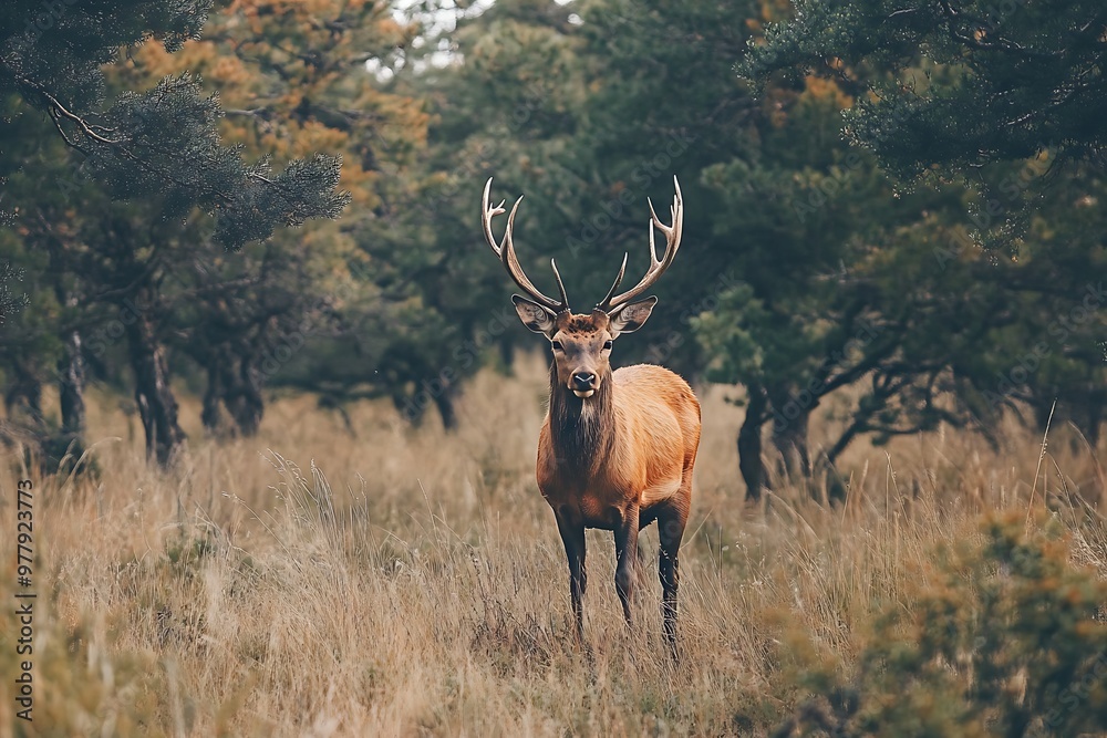 Male deer with large antlers standing in a grassy field surrounded by trees. Wildlife, nature, and wilderness photography. Male deer with large antlers standing in a grassy field surrounded by trees. Wildlife, nature, and wilderness photography.