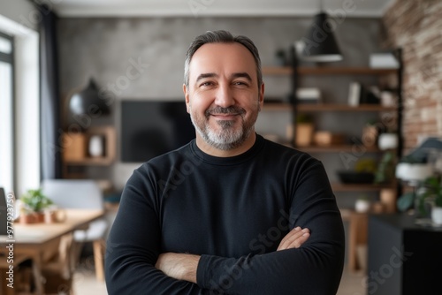 Smiling man standing in a modern kitchen symbolizing confidence warmth and personal success in a professional home environment