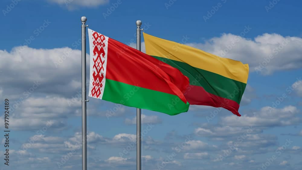 Lithuania and Belarus flags flying together, video concept of the relationship, two country relations concept Lithuania and Belarus flags flying together, video concept of the relationship, two country relations concept