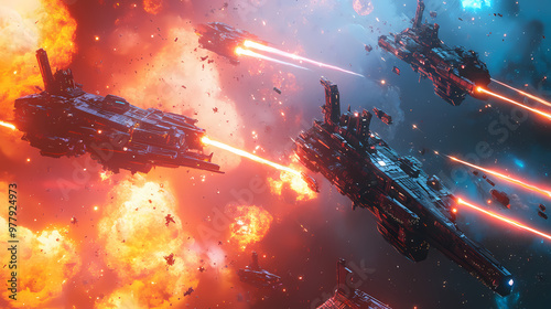 Fototapeta Naklejka Na Ścianę i Meble -  Space battle of spaceships and battle cruisers, laser shots sparks and explosions. space fighters are attacking a military base. 3d illustration. Space Battle. Illustration