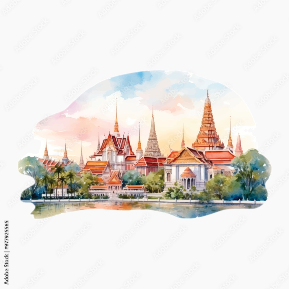 Naklejka premium Colorful Thai temple watercolor painting