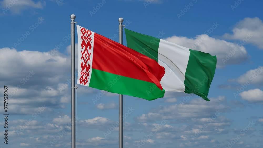 Nigeria and Belarus flags flying together, video concept of the relationship, two country relations concept Nigeria and Belarus flags flying together, video concept of the relationship, two country relations concept