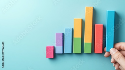 Free Download Colorful wooden bar graph blocks on a light blue background - GFXLoad