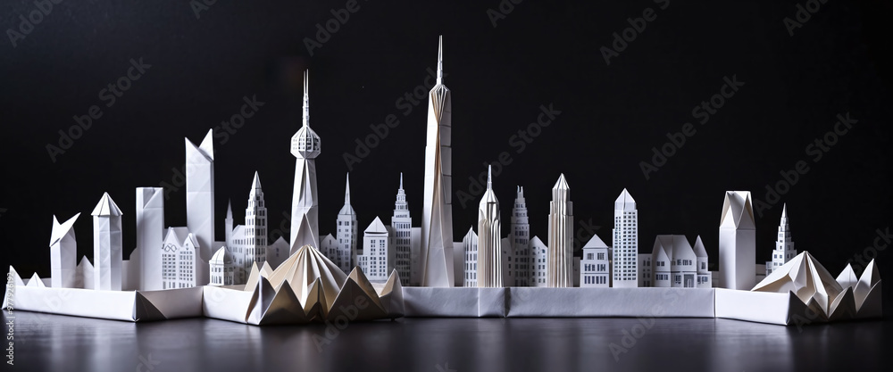 Illustrative depiction of a cityscape or skyline made of paper and designed against a dark background Illustrative depiction of a cityscape or skyline made of paper and designed against a dark background