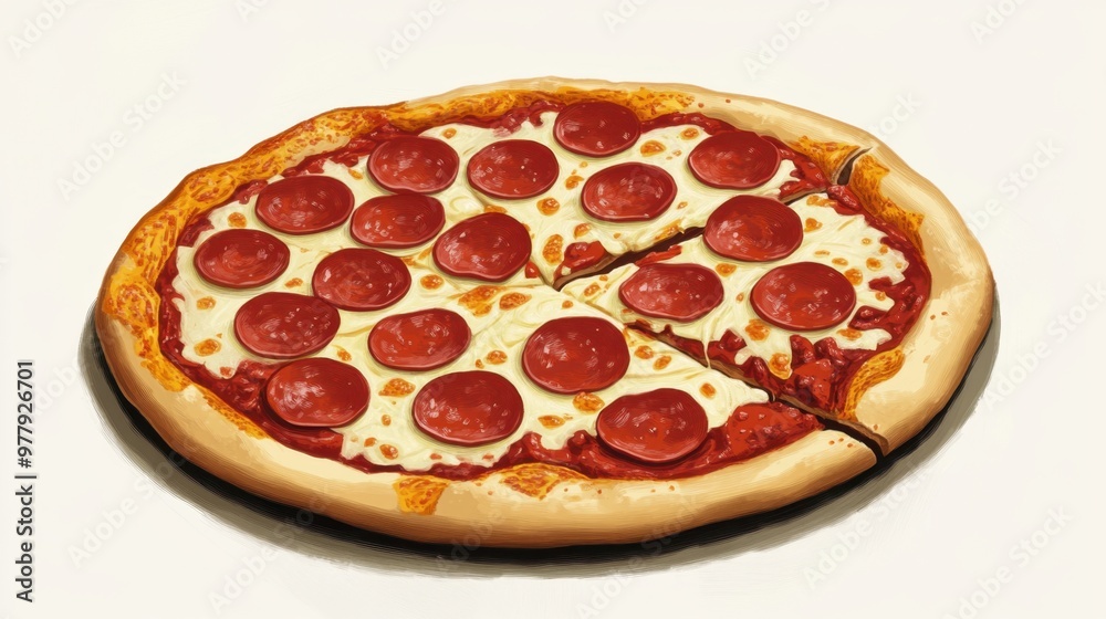 Artistic illustration of a pepperoni pizza on white background