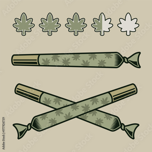 Marijuana rolled joints and levels gradation vector illustration. Set of colored objects or design elements on light background