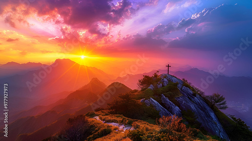 Divine Sunset: This stunning photo depicts a mountain with a cross on top at dusk, signifying Jesus Christ's death and arousing strong religious feelings connected to Easter and Christianity.