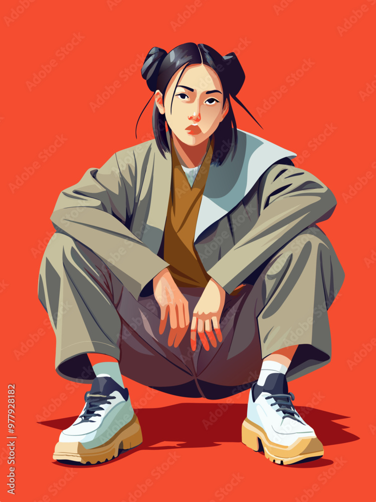 座ったポーズをとる日本人女性モデル