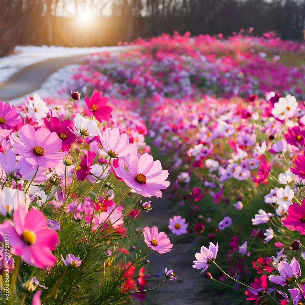 Obraz premium Soft And select Focus,A colorful field of Cosmos Flower is planted for visitors to visit the Cosmos Flower in the winter and the Cosmos Field. Flower is also the meeting of couples on Valentine's Day.