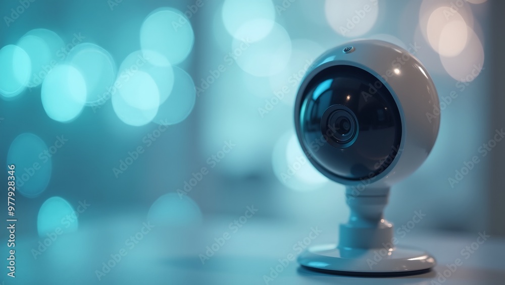 Futuristic security camera on soft blue bokeh background Futuristic security camera on soft blue bokeh background