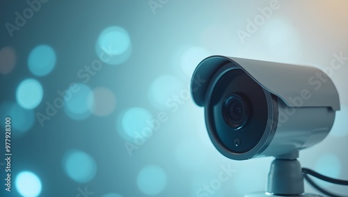 Futuristic security camera on soft blue bokeh background