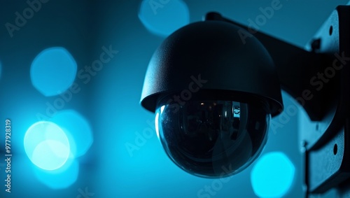 Black dome CCTV camera against blue bokeh background High tech sophistication photo