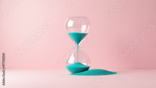 Vibrant turquoise sand in hourglass on pink background symbolizing creative time management