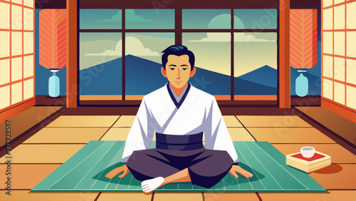 中世日本の男性、瞑想姿のベクターイラストレーション
