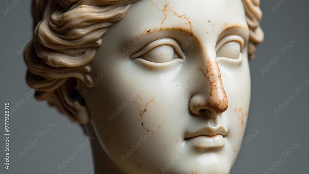 Ancient Greek marble statue head with delicate features and aged patina