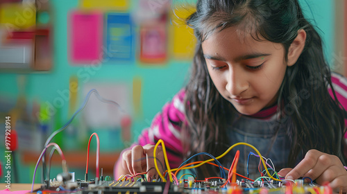 Electronic test An Indian girl student is inventing something while tinkering with wires and connections