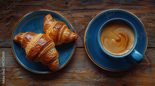 cup of tea with plain croissant in blue tea set on wooden table top, cafes, restaurants, menu cards, brochures, coffee , tea date, food photography