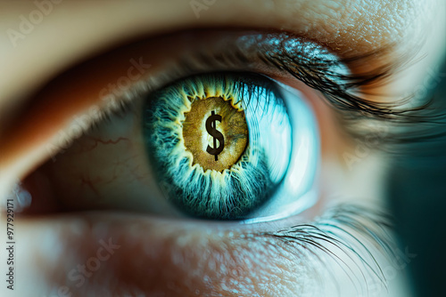 Corrupt or sellout concept image featuring a person’s eye with a dollar sign reflected in the iris.