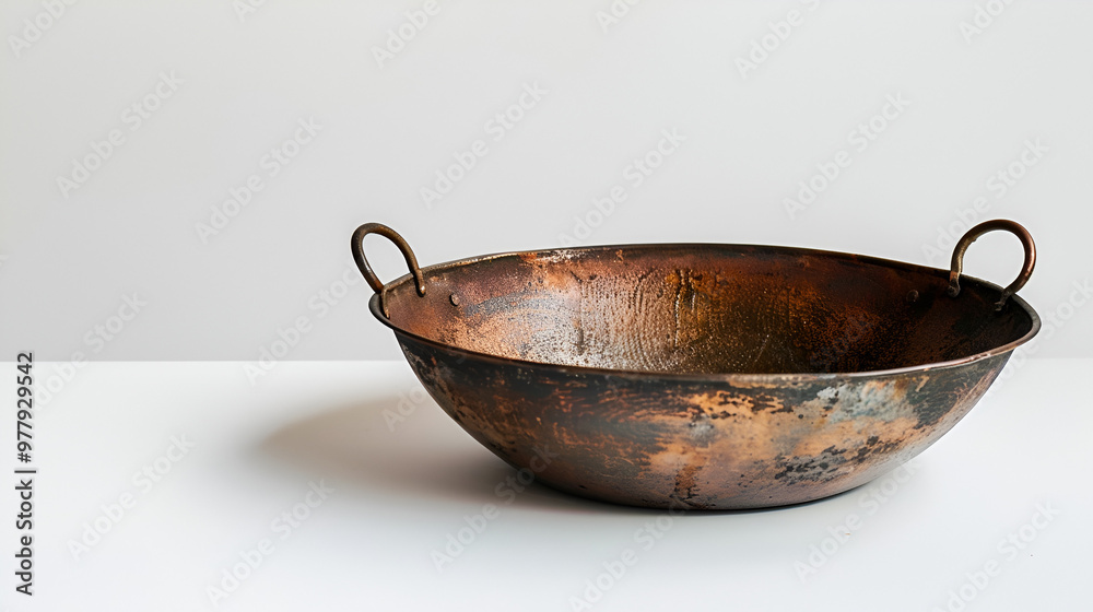Iron wok, cooking pan, or empty Indian Kadhai or Karhai isolated on white background copy space Iron wok, cooking pan, or empty Indian Kadhai or Karhai isolated on white background copy space