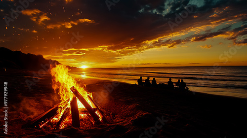 A bonfire on the beach with people sitting around it at sunset.