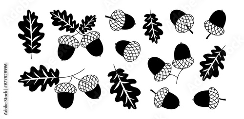 Acorn icon, forest oak nut, autumn or winter leaf and branch. Christmas and New Year decoration set. Nature simple black silhouette isolated on white background. Xmas vector illustration