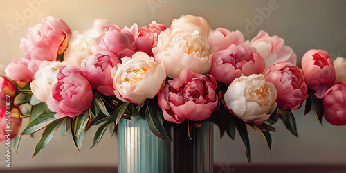 Elegant bouquet of pink, white, peach peonies in striped vase, perfect for interior decor concept