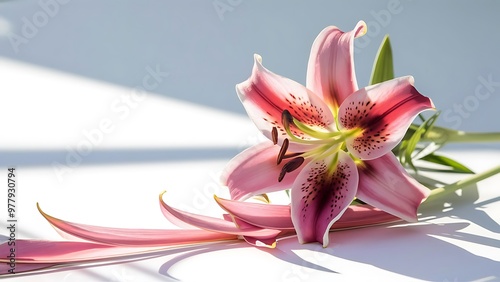 Pink stargazer lily flower with whitespace and subtle shadow. Ideal for a template or border.