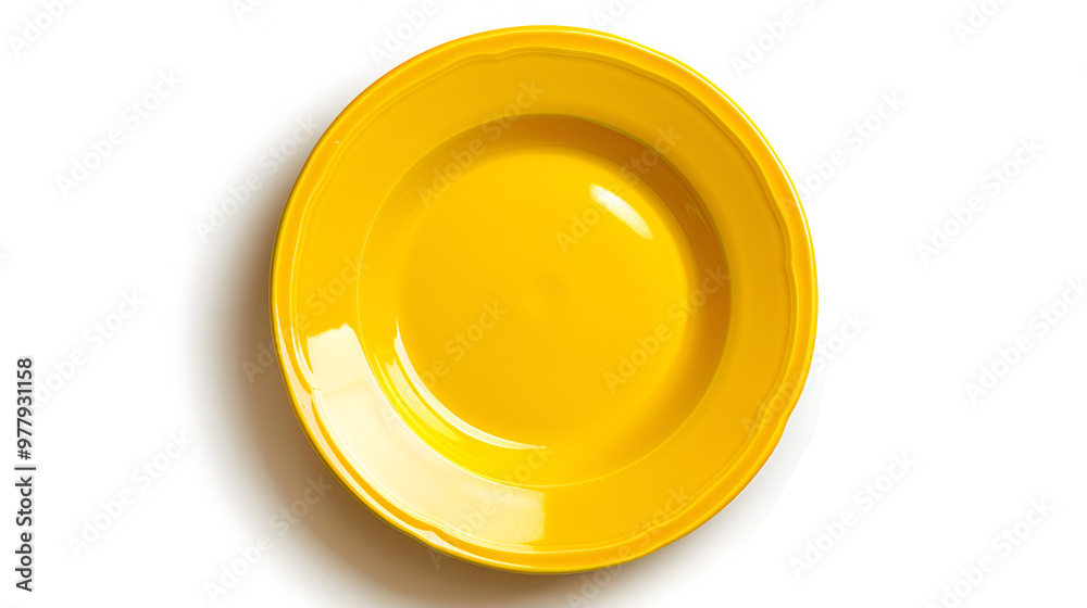 A vacant yellow ceramic plate set up against a white background for writing space A vacant yellow ceramic plate set up against a white background for writing space