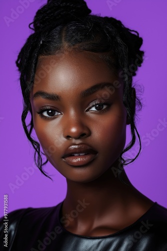 Stylish american afromerican girl in sunglasses poses against a vibrant pink and purple background during a creative photoshoot in an urban setting black girl photo