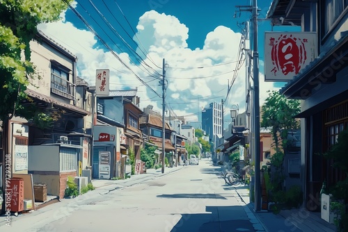 Empty street in a Japanese neighborhood with blue sky and white clouds. Illustration photo