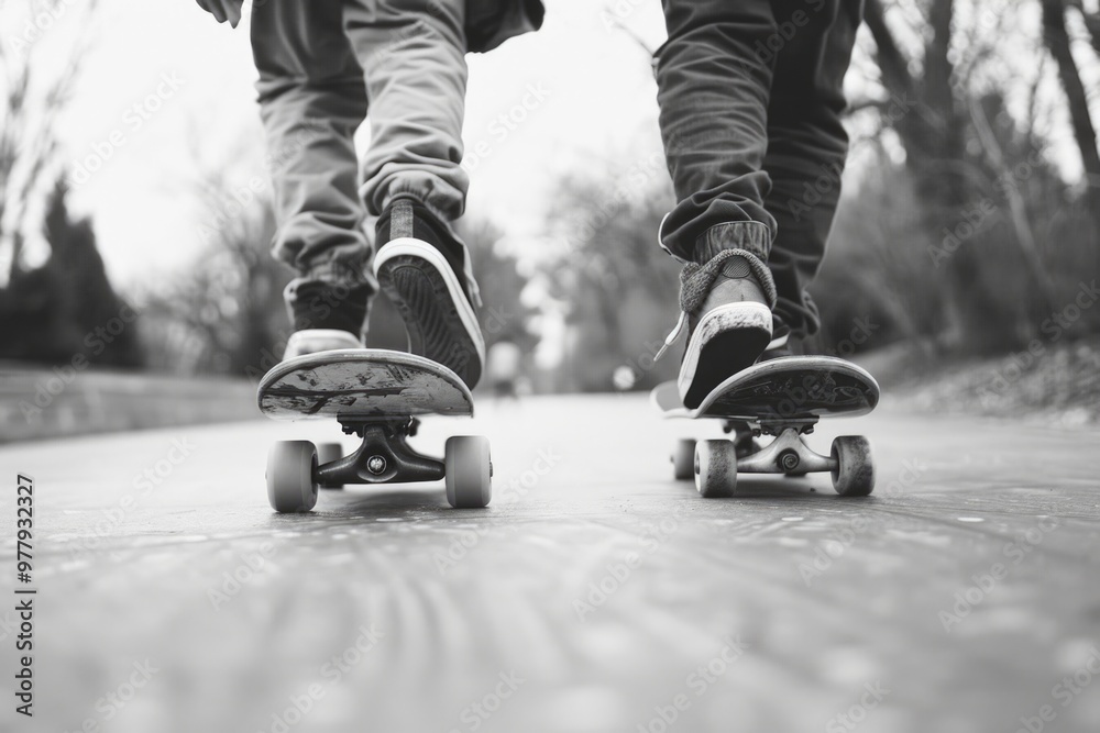 A person rides a skateboard down a sidewalk, possibly commuting or enjoying recreation A person rides a skateboard down a sidewalk, possibly commuting or enjoying recreation