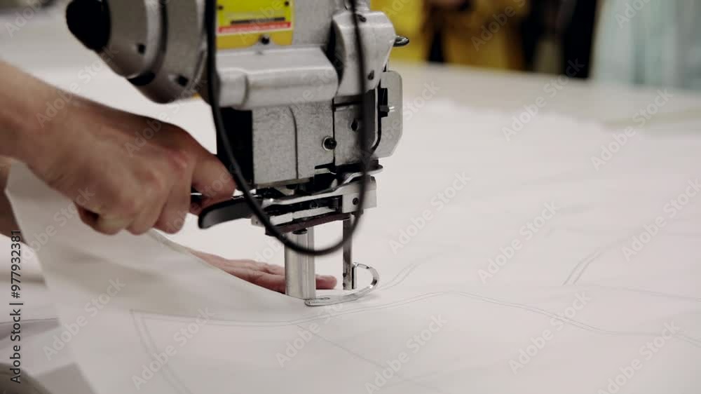 A man makes clothing patterns with a cutter knife in a factory. Cutting room, cutting cloth tailoring knife.