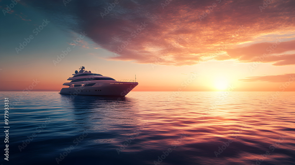 Yacht floating on a peaceful ocean with a smooth horizon and a warm, glowing sunset
Yacht floating on a peaceful ocean with a smooth horizon and a warm, glowing sunset