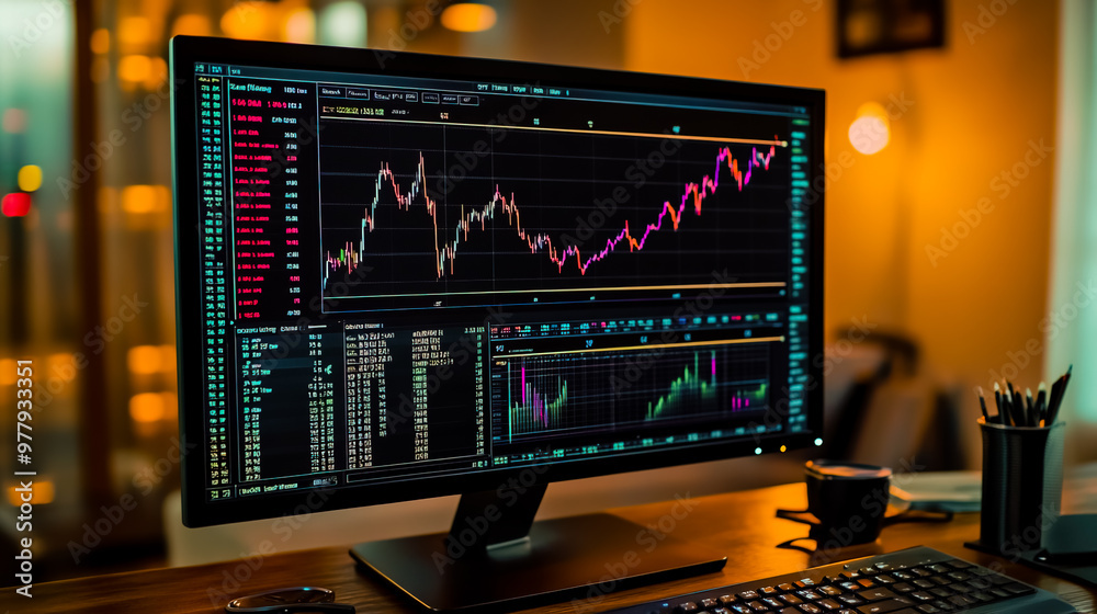 A computer monitor with a detailed and modern currency exchange rate graph, showing fluctuating lines for multiple currencies like USD, EUR, GBP, and JPY. A computer monitor with a detailed and modern currency exchange rate graph, showing fluctuating lines for multiple currencies like USD, EUR, GBP, and JPY.