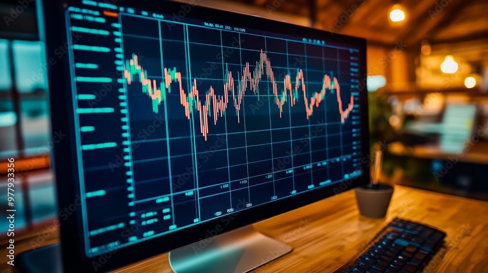 A computer monitor with a detailed and modern currency exchange rate graph, showing fluctuating lines for multiple currencies like USD, EUR, GBP, and JPY. A computer monitor with a detailed and modern currency exchange rate graph, showing fluctuating lines for multiple currencies like USD, EUR, GBP, and JPY.