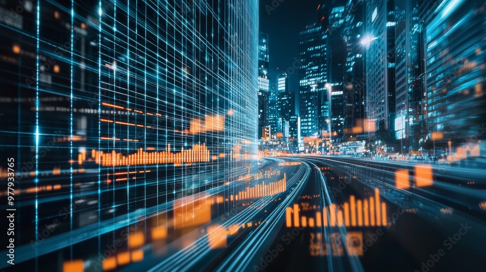 Obraz premium Futuristic city skyline with digital data overlay at night