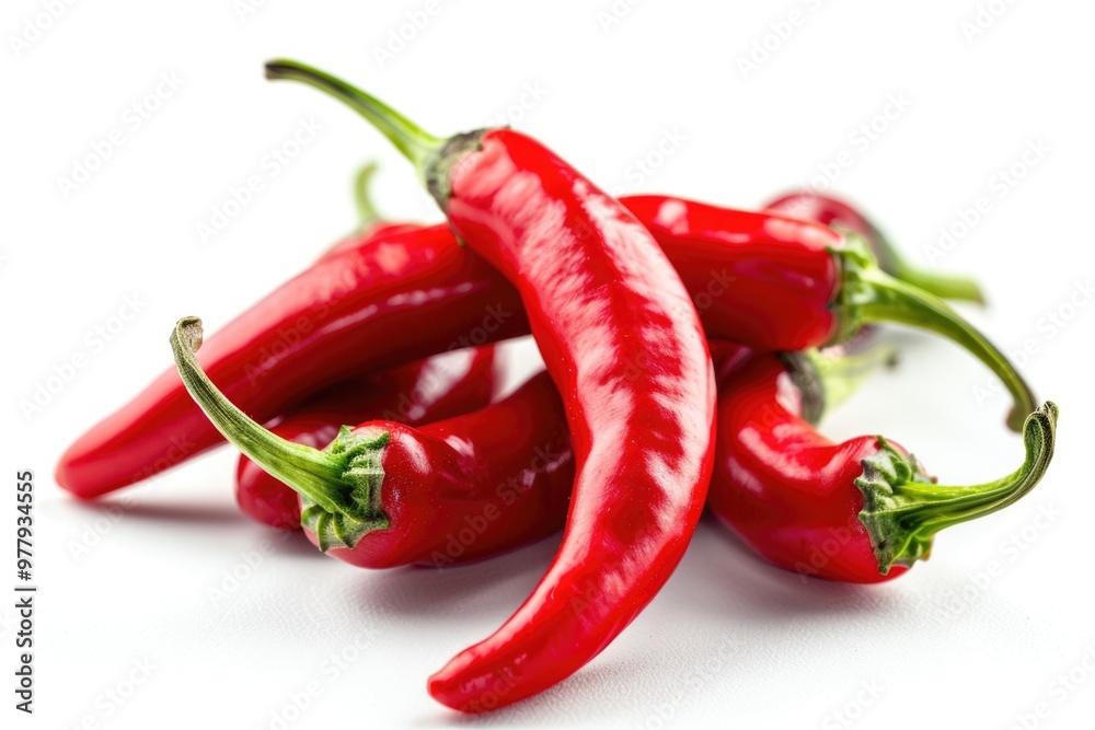 A collection of bright red hot peppers arranged on a clean white surface A collection of bright red hot peppers arranged on a clean white surface