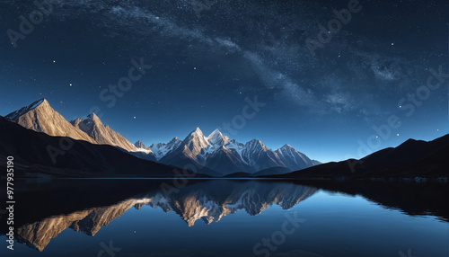 illustrative depiction of a panorama of a mountain landscape with a lake reflecting the mountainous surroundings