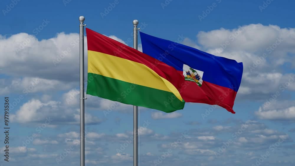 Haiti and Bolivia flags flying together, video concept of the relationship, two country relations concept Haiti and Bolivia flags flying together, video concept of the relationship, two country relations concept