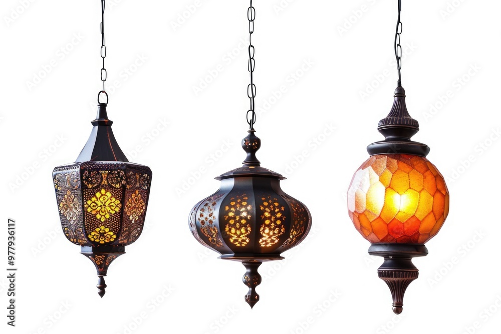 A group of three pendant lamps hanging from a ceiling, providing warm lighting A group of three pendant lamps hanging from a ceiling, providing warm lighting