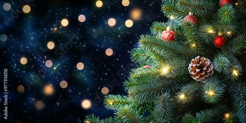 Christmas and New Year holidays background with christmas tree. Bokeh, blurred blue background. Free space for text. light garlands, Christmas tree decorations