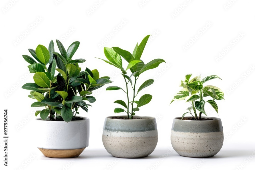 Three small potted plants sit together on a white background, perfect for interior design or still life photography Three small potted plants sit together on a white background, perfect for interior design or still life photography