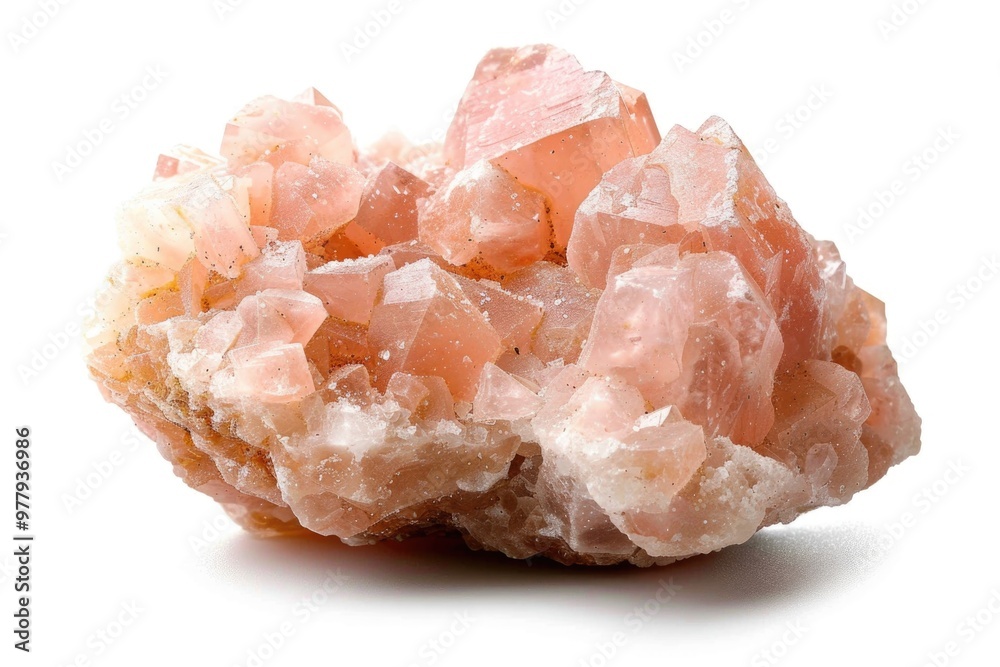 A cluster of pink crystals sits on a white surface, providing a pop of color and texture A cluster of pink crystals sits on a white surface, providing a pop of color and texture
