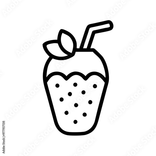 Vector icon of strawberry shake with straw and leaves for beverage illustrations